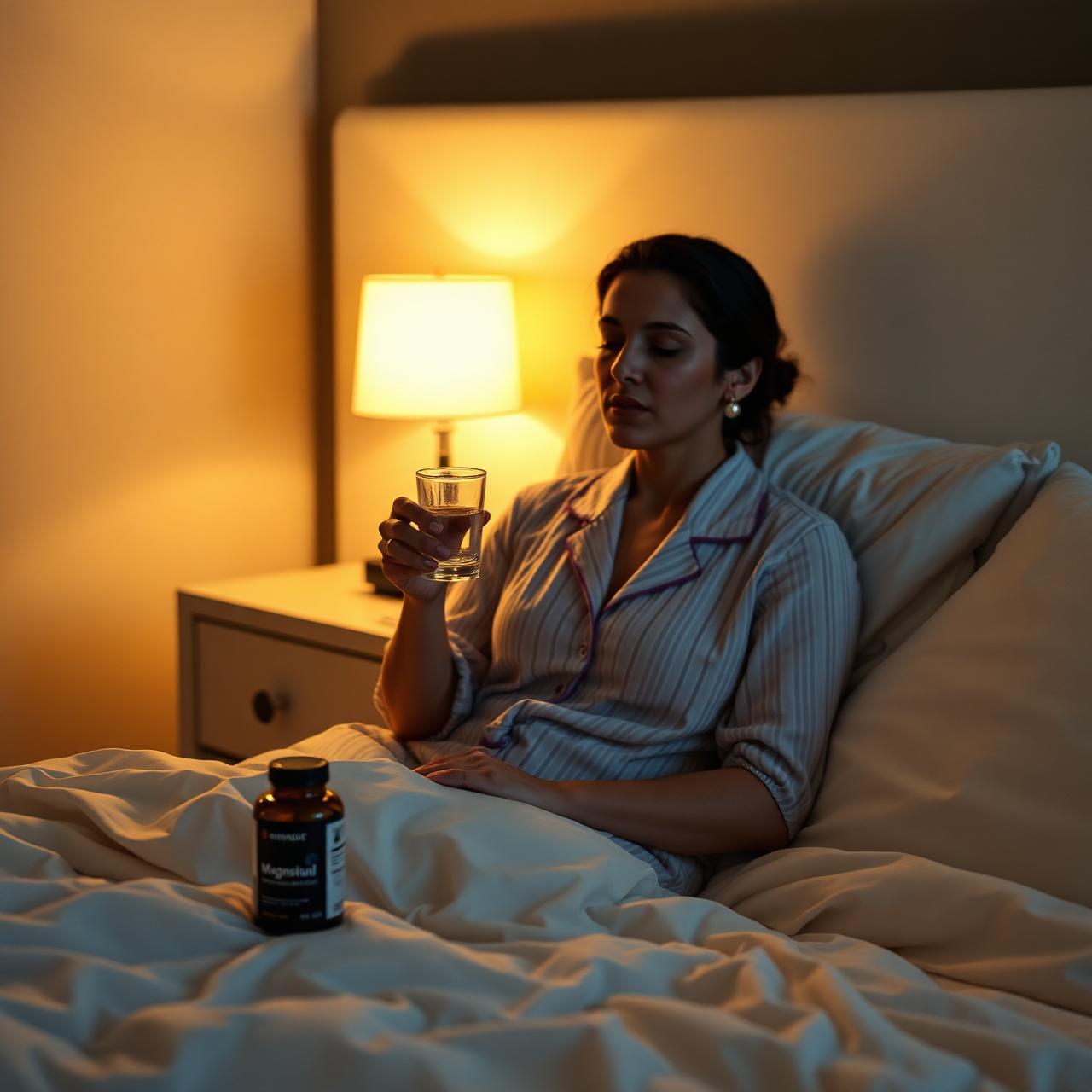 Mulher tomando magnésio M-TRON antes de dormir, à luz do abajur