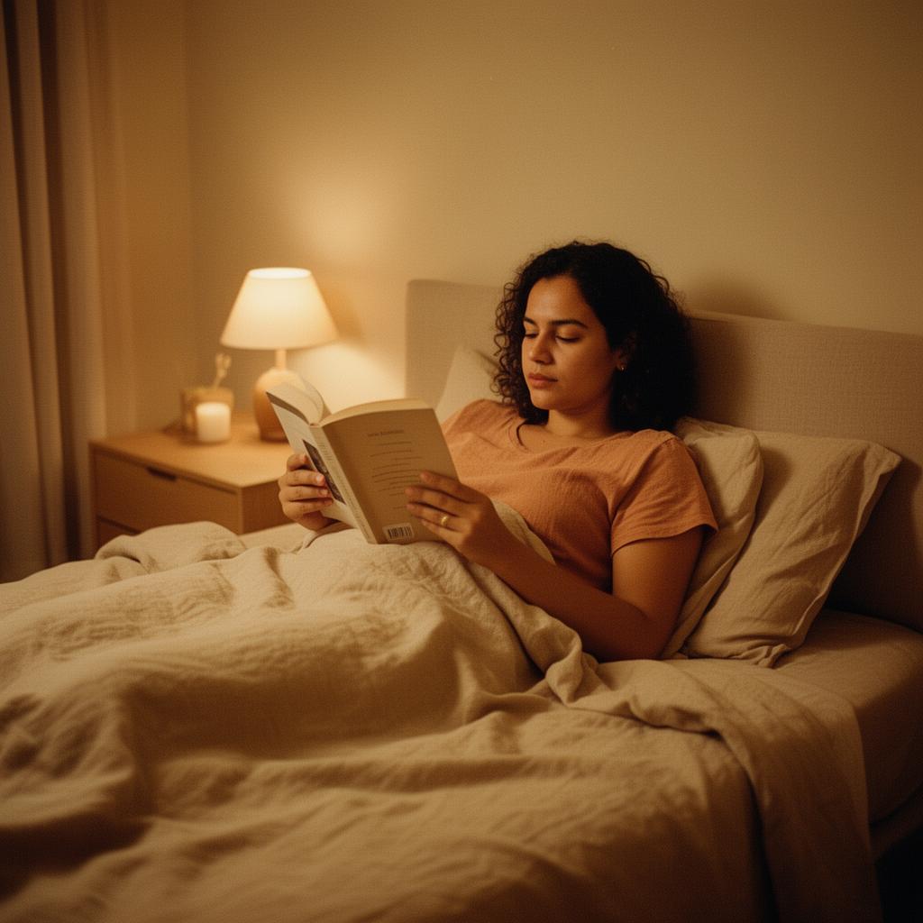 Mulher relaxando com luz quente antes de dormir